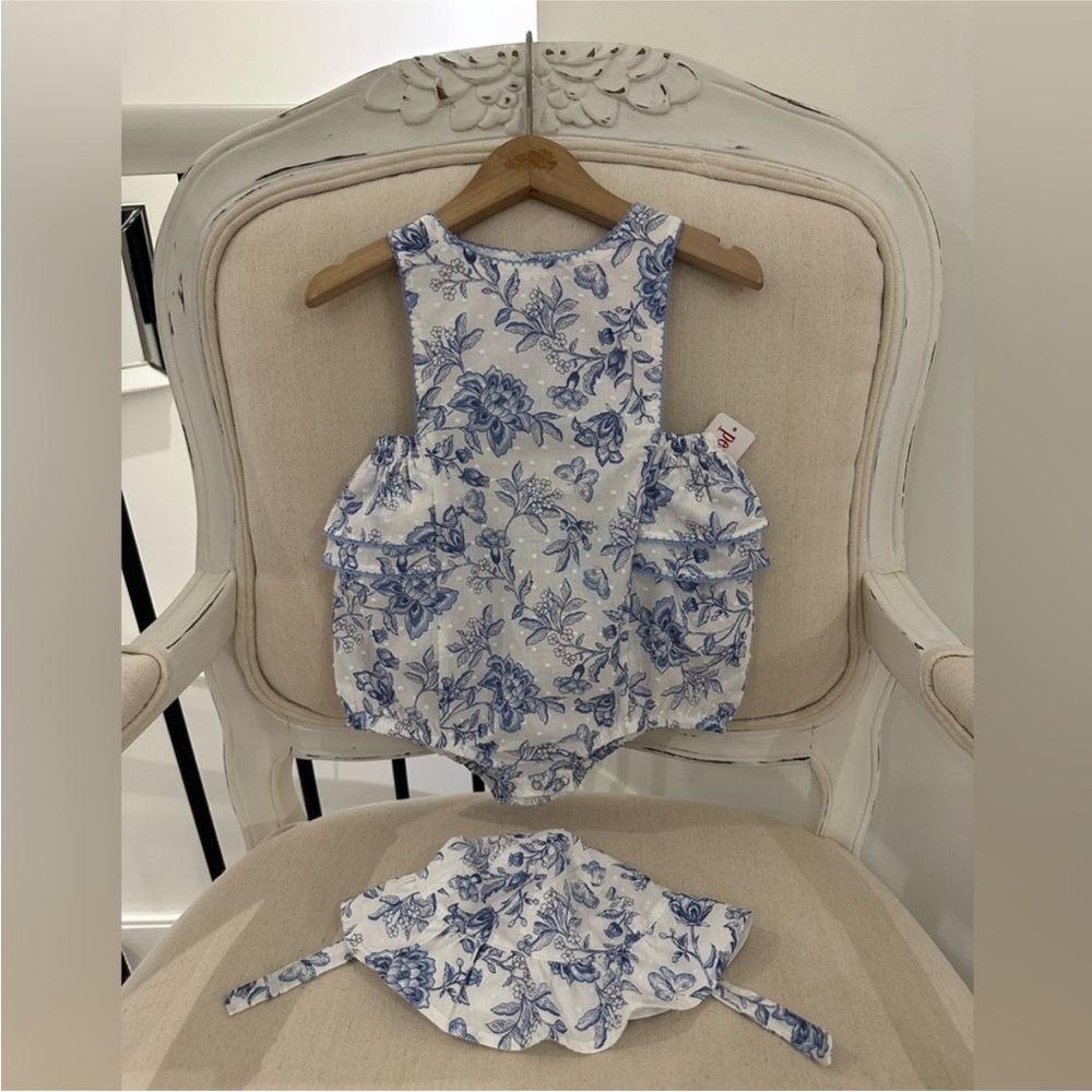 🦢 24 Mth Floral Toile Swiss Dot 100% Cotton Baby Romper Set NWT